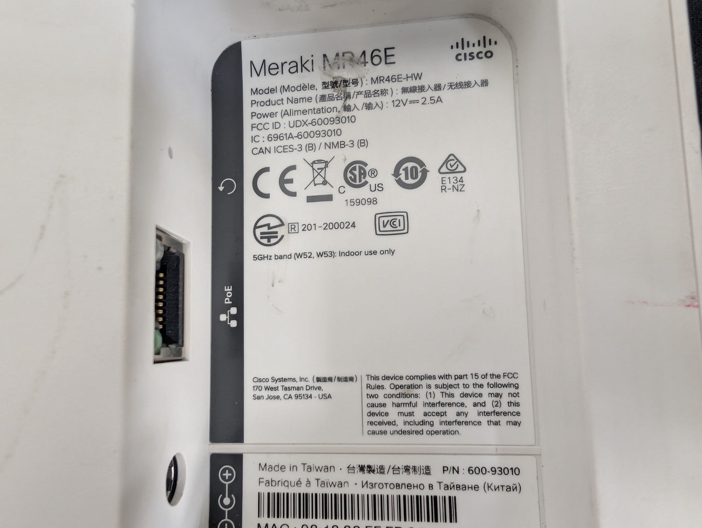 Cisco Meraki MR46E-HW Wi-Fi Access Points Unclaimed NO ANTENNA UNIT ONLY