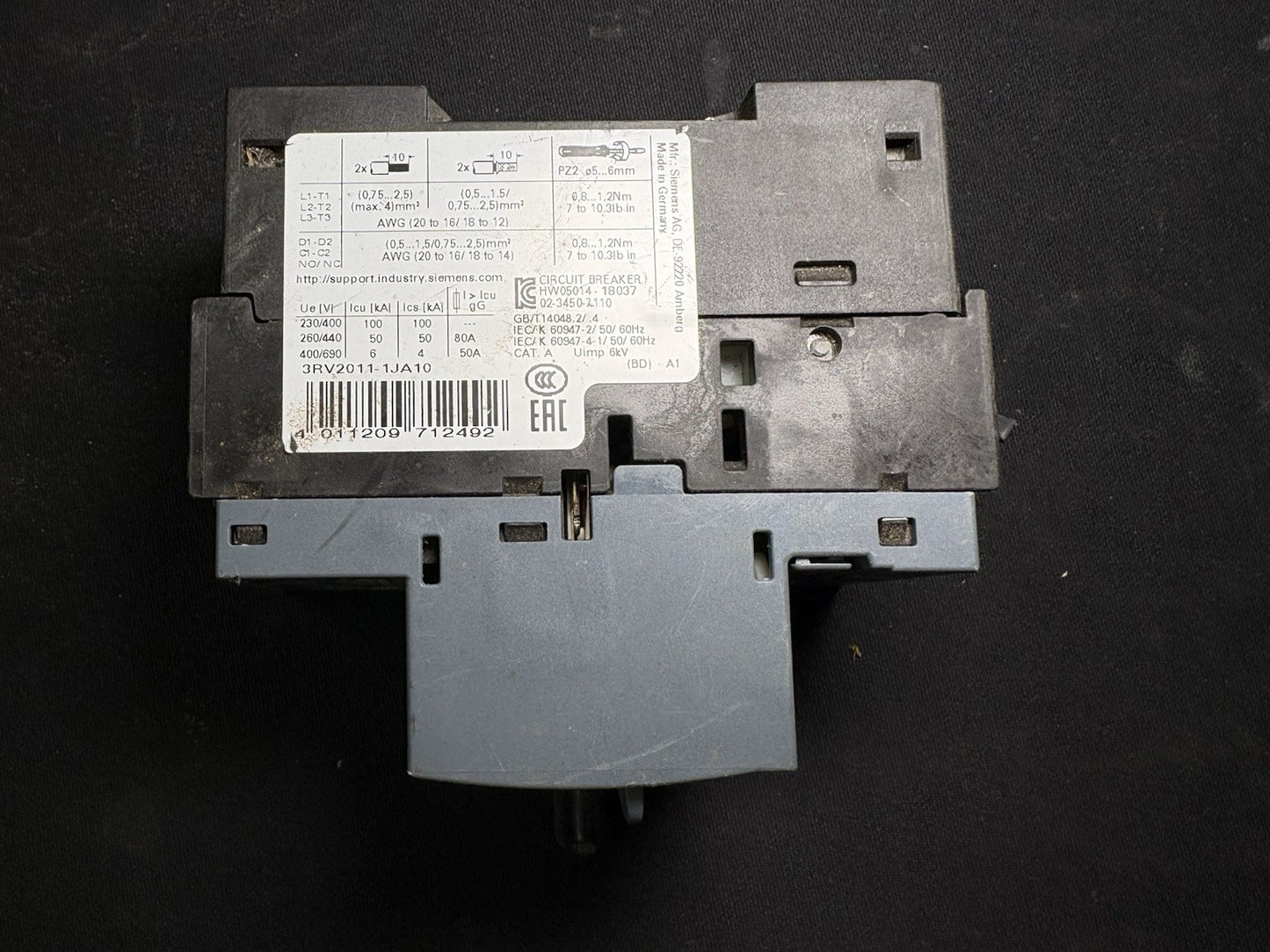 SIEMENS SIRIUS 3RV2011-1JA10 MOTOR STARTER CIRCUIT BREAKER