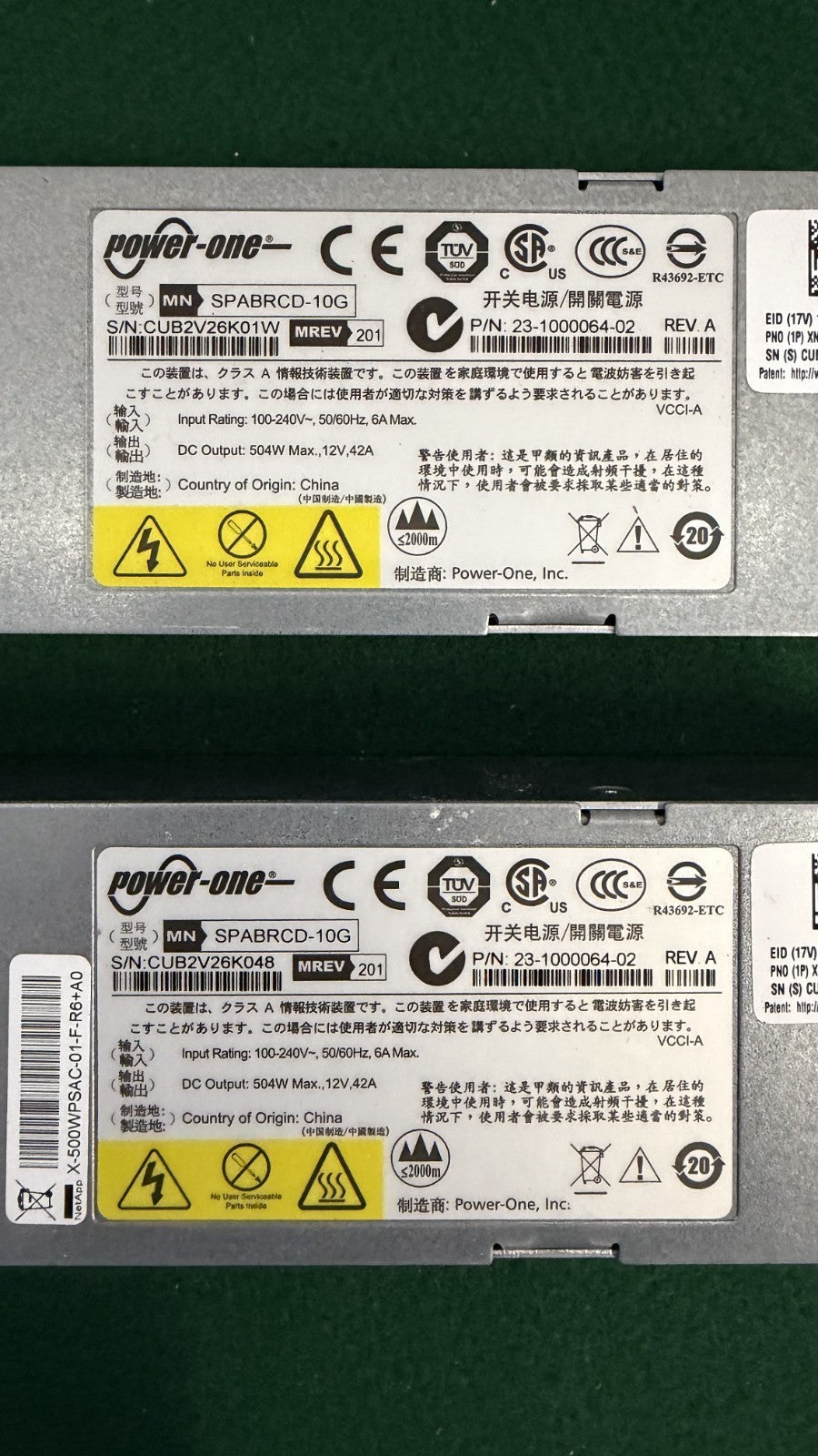(LOT OF 2) Power One-SPABRCD-10G 23-1000064-02 504W Power Supply