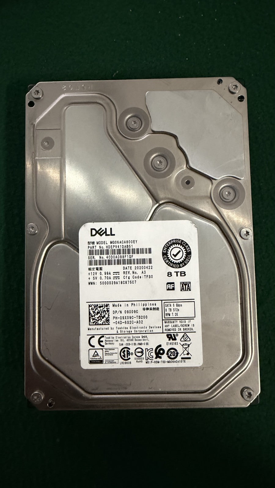 9X09C DELL 8TB 7.2K SATA 6Gb/s 3.5"  HDD 09X09C MG06ACA800EY 100% health