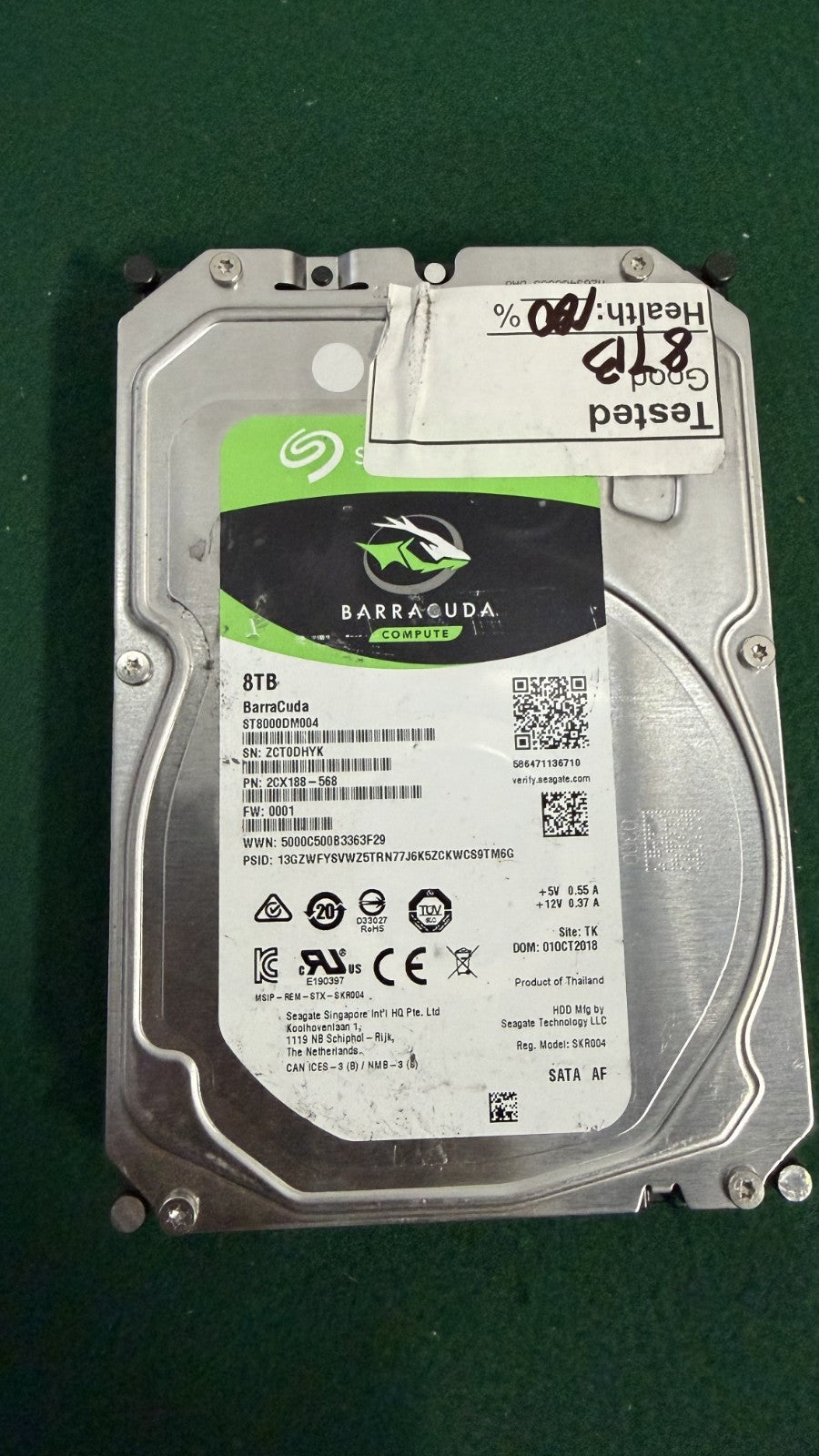 Seagate BarraCuda 8TB SATA 3.5" HDD, ST8000DM004, 100% health