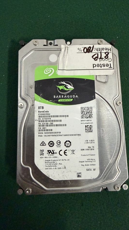 Seagate BarraCuda 8TB SATA 3.5" HDD, ST8000DM004, 100% health
