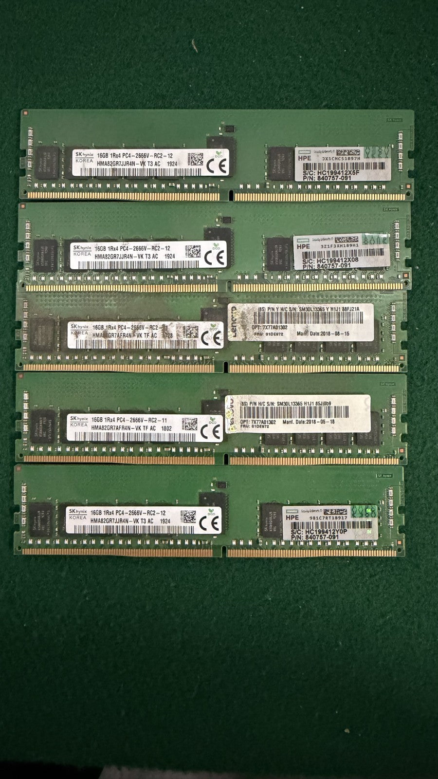 (LOT OF 5) SK HYNIX 16GB 1Rx4 PC4-2666V-RC2-12 RAM HMA82GR7JJR4N-VK