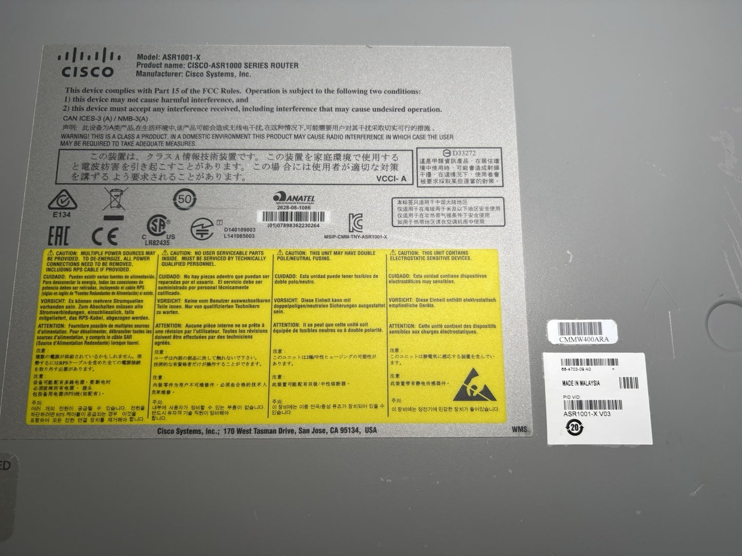 Cisco ASR1001-X  Aggregation Services Router 2x DC PSU & SPA-8X1GE-V2 ADV ent