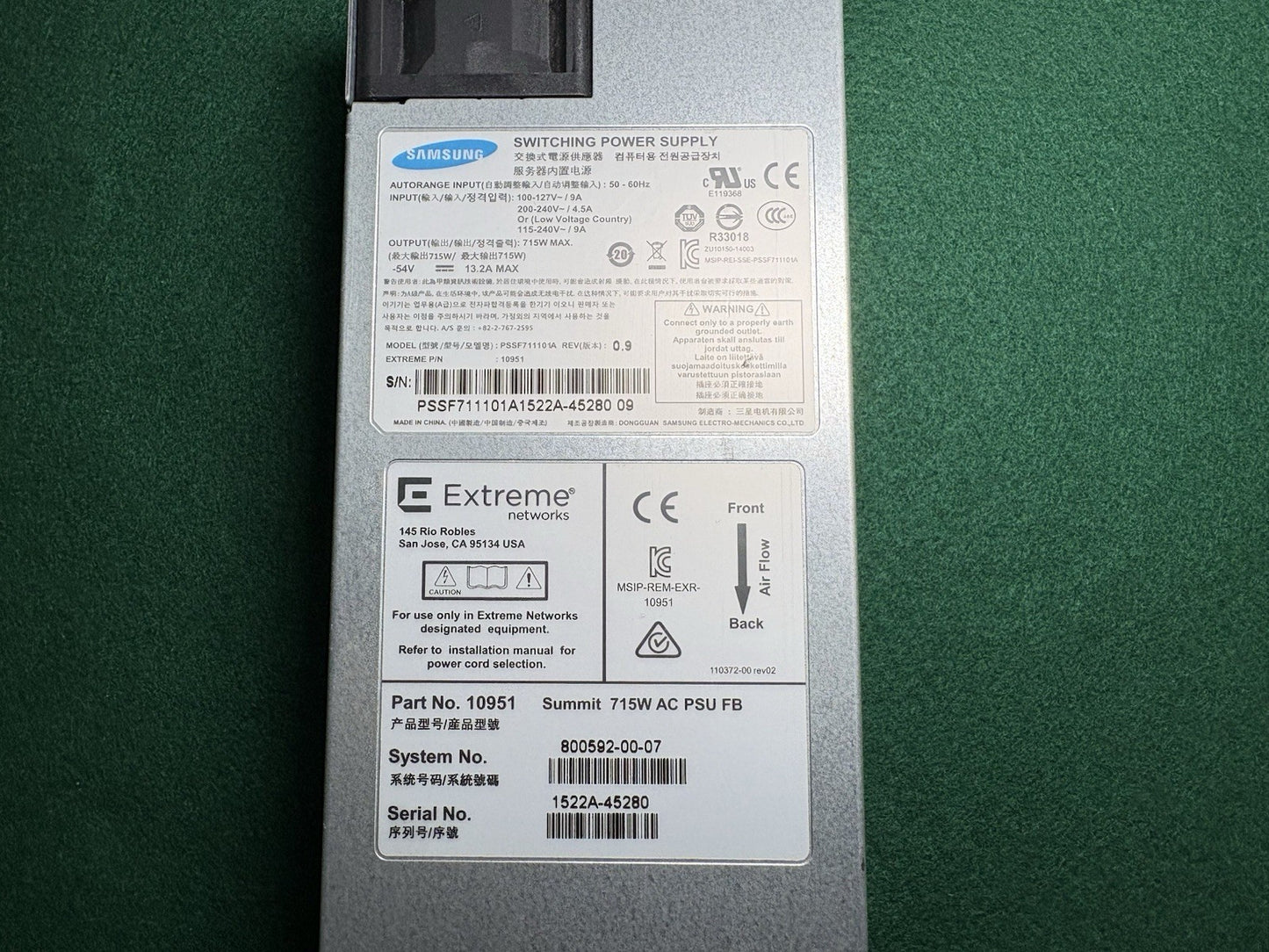 EXTREME NETWORKS SUMMIT 10951 715W AC POWER SUPPLY