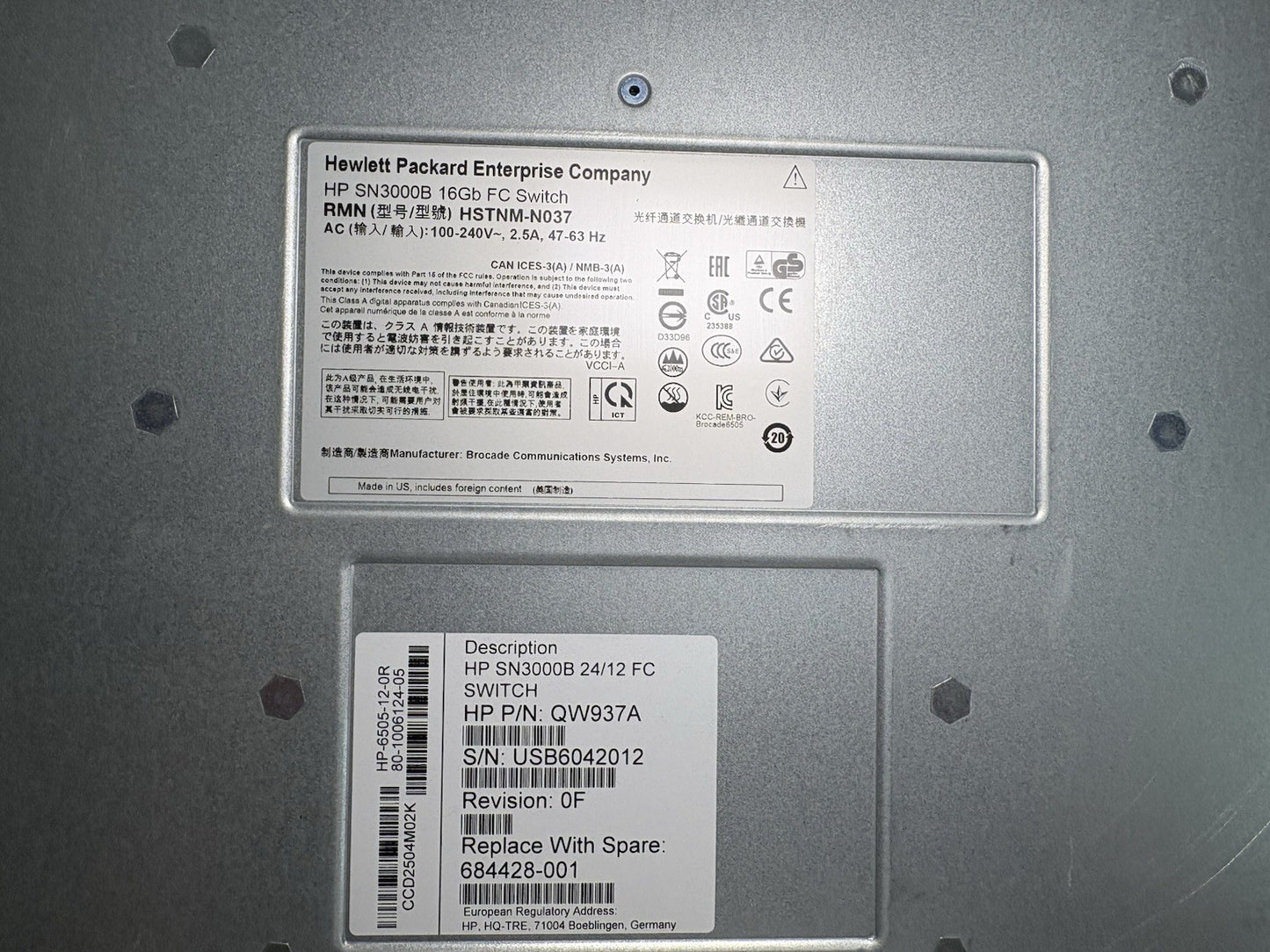 HP SN3000B QW937A 16Gb 24/24 FC Switch w/ 2x PSU 24-Port Active