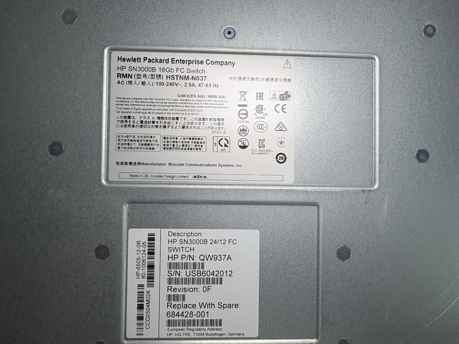 HP SN3000B QW937A 16Gb 24/24 FC Switch w/ 2x PSU 24-Port Active