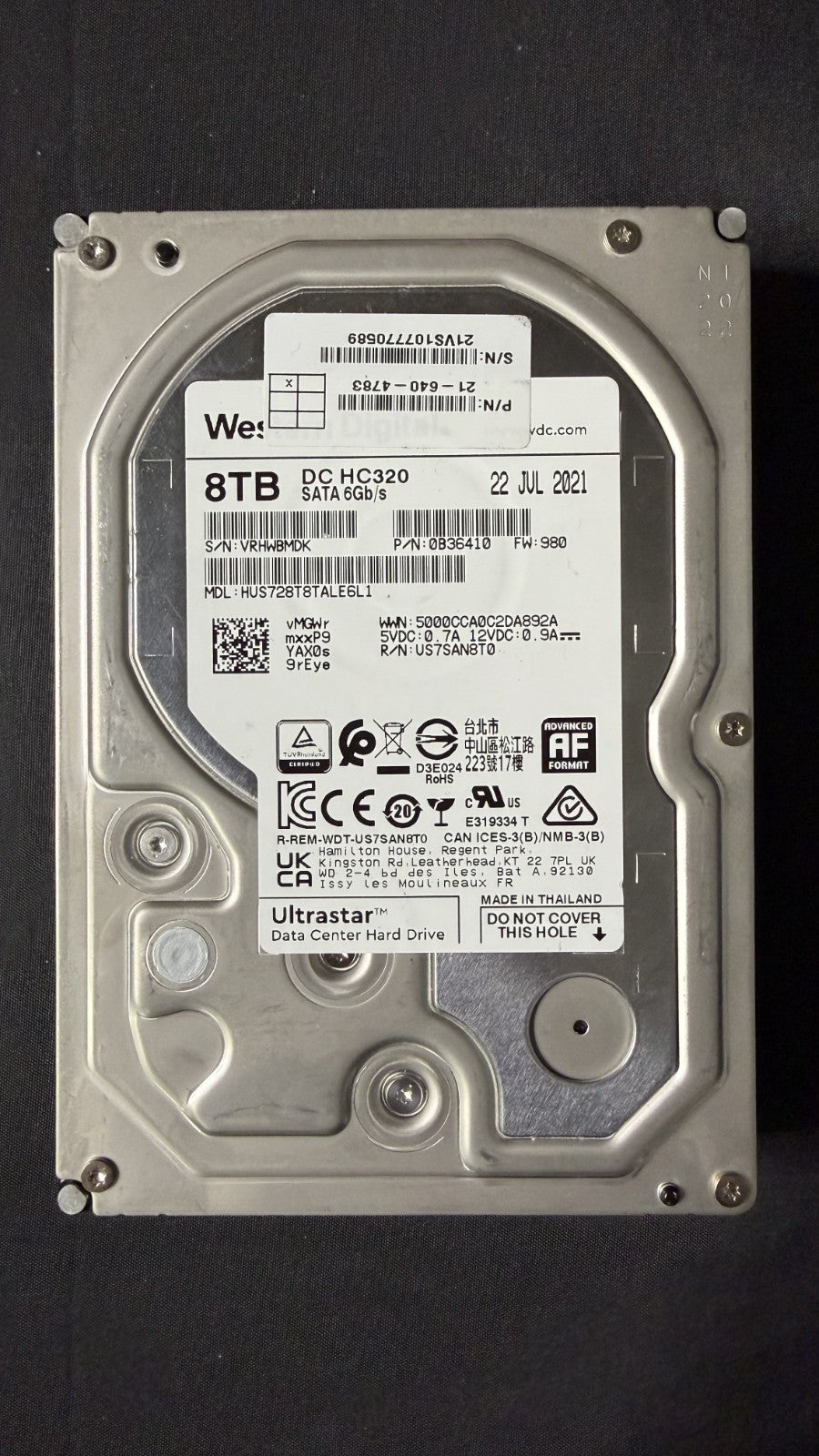 8TB Western Digital DC HC320 SATA 3.5 HUS728T8TALE6L4 Hard Drive 100% Health