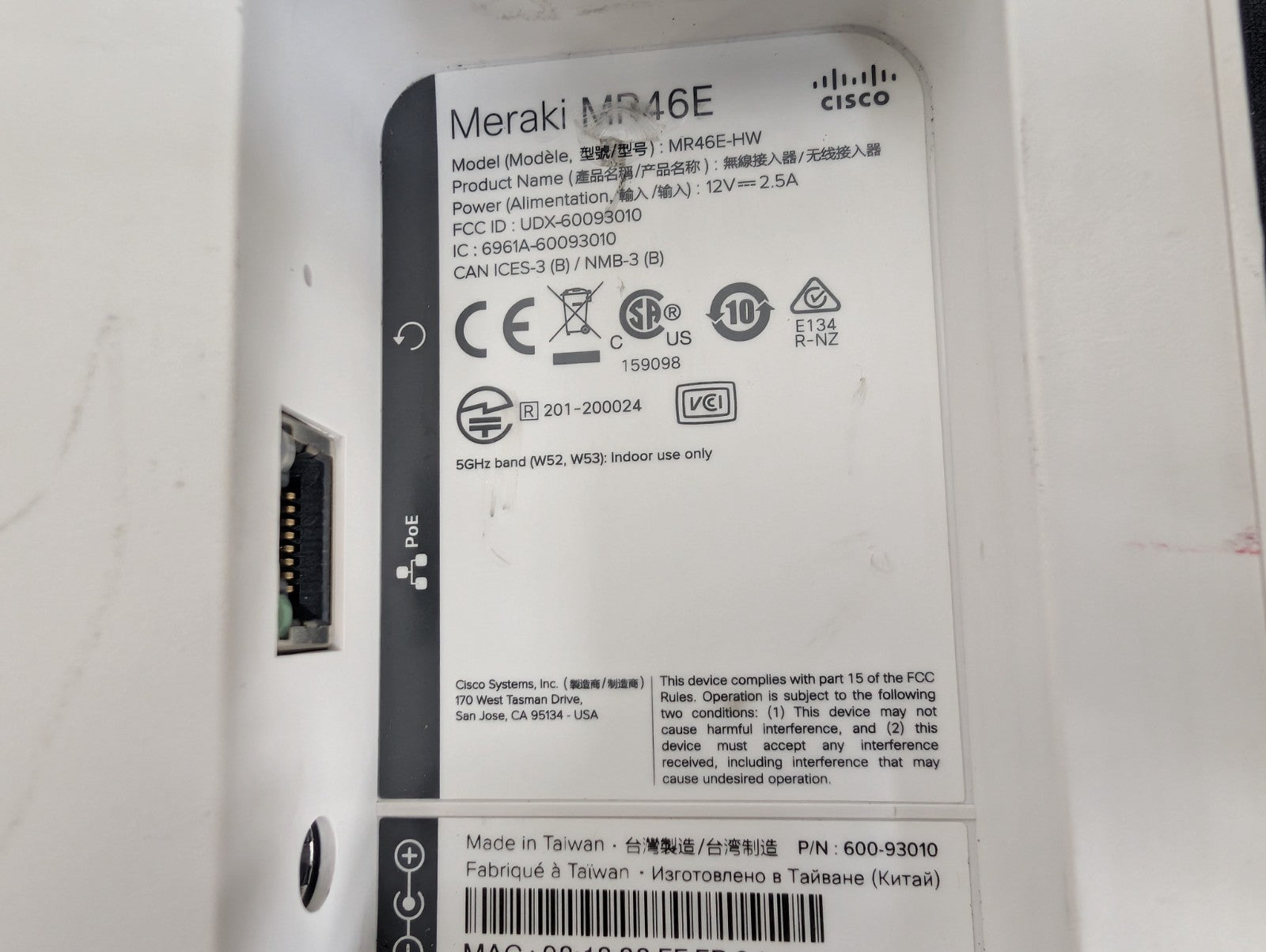 Cisco Meraki MR46E-HW Wi-Fi Access Points Unclaimed NO ANTENNA UNIT ONLY