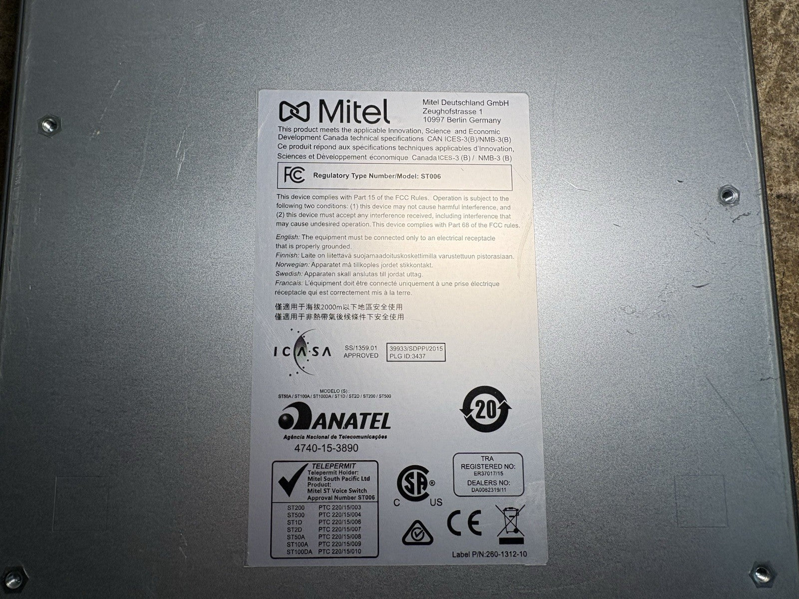 Mitel Voice Switch ST100A ST006 PN 600-3100-01 VoIP Gateway Switch