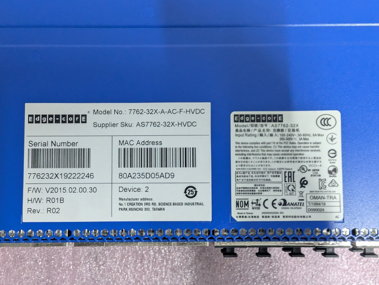 Edge-Core 7762-32X-A-AC-F-HVDC 32-Port 100G Switch AS7762-32X W/ Onie