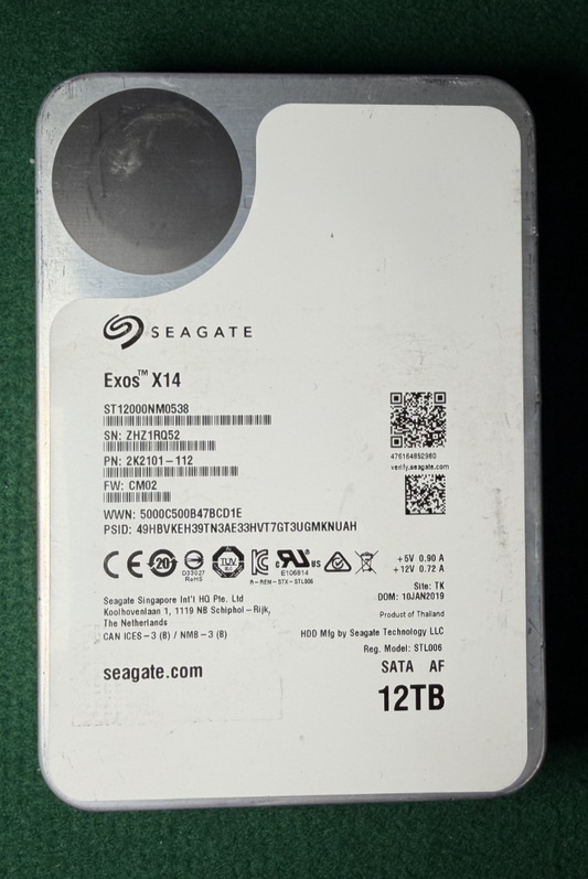 Seagate Exos X14 12TB 3.5" SATA Hard Drive, ST12000NM0538, 100% Health