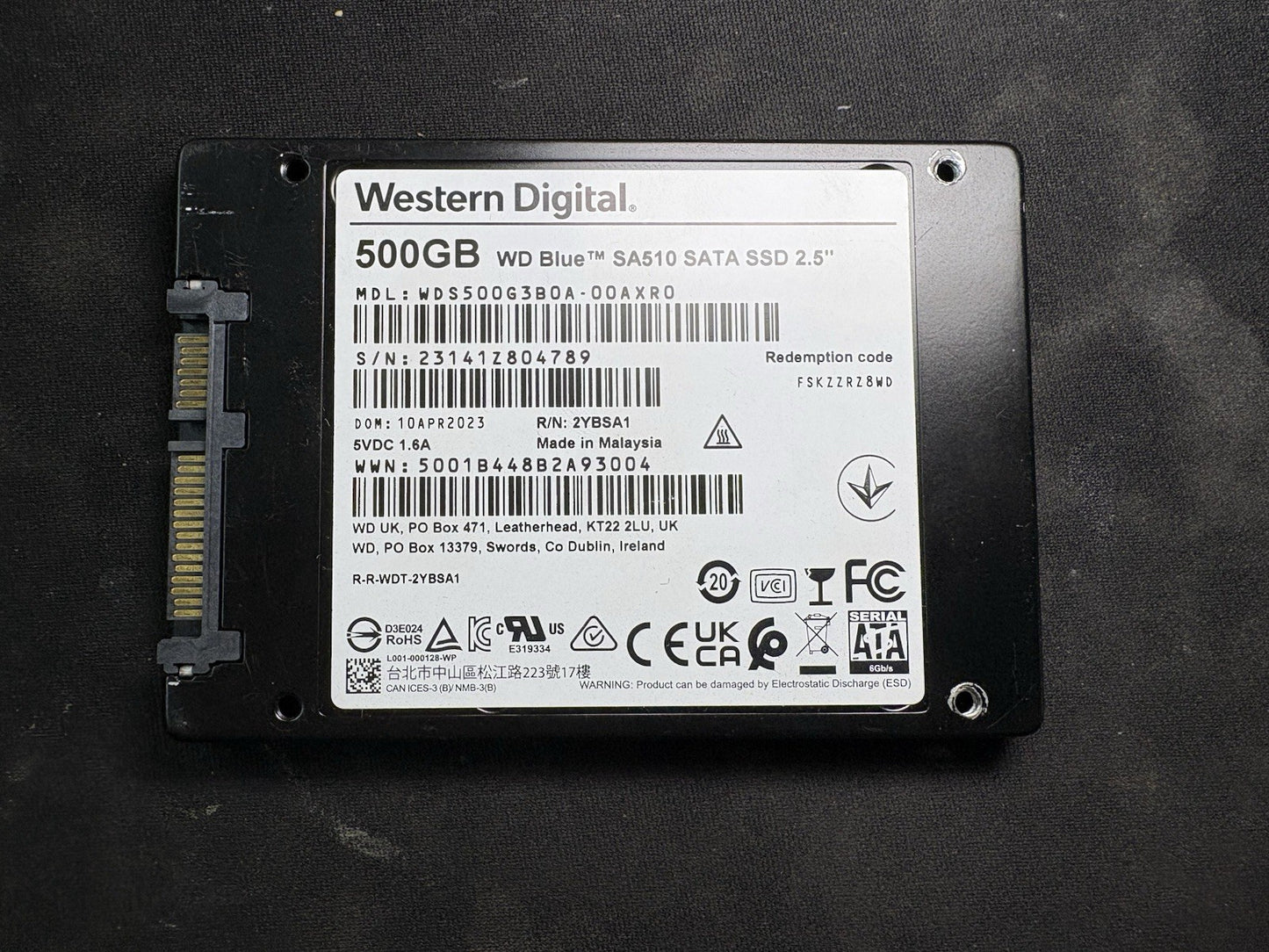 Western Digital 500GB WD Blue SA510 SATA SSD, 2.5”/7mm Cased WDS500G3B0A-00AXR0