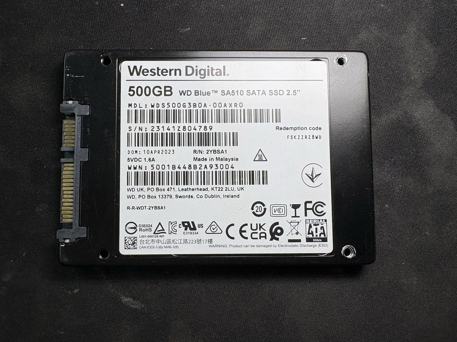 Western Digital 500GB WD Blue SA510 SATA SSD, 2.5”/7mm Cased WDS500G3B0A-00AXR0