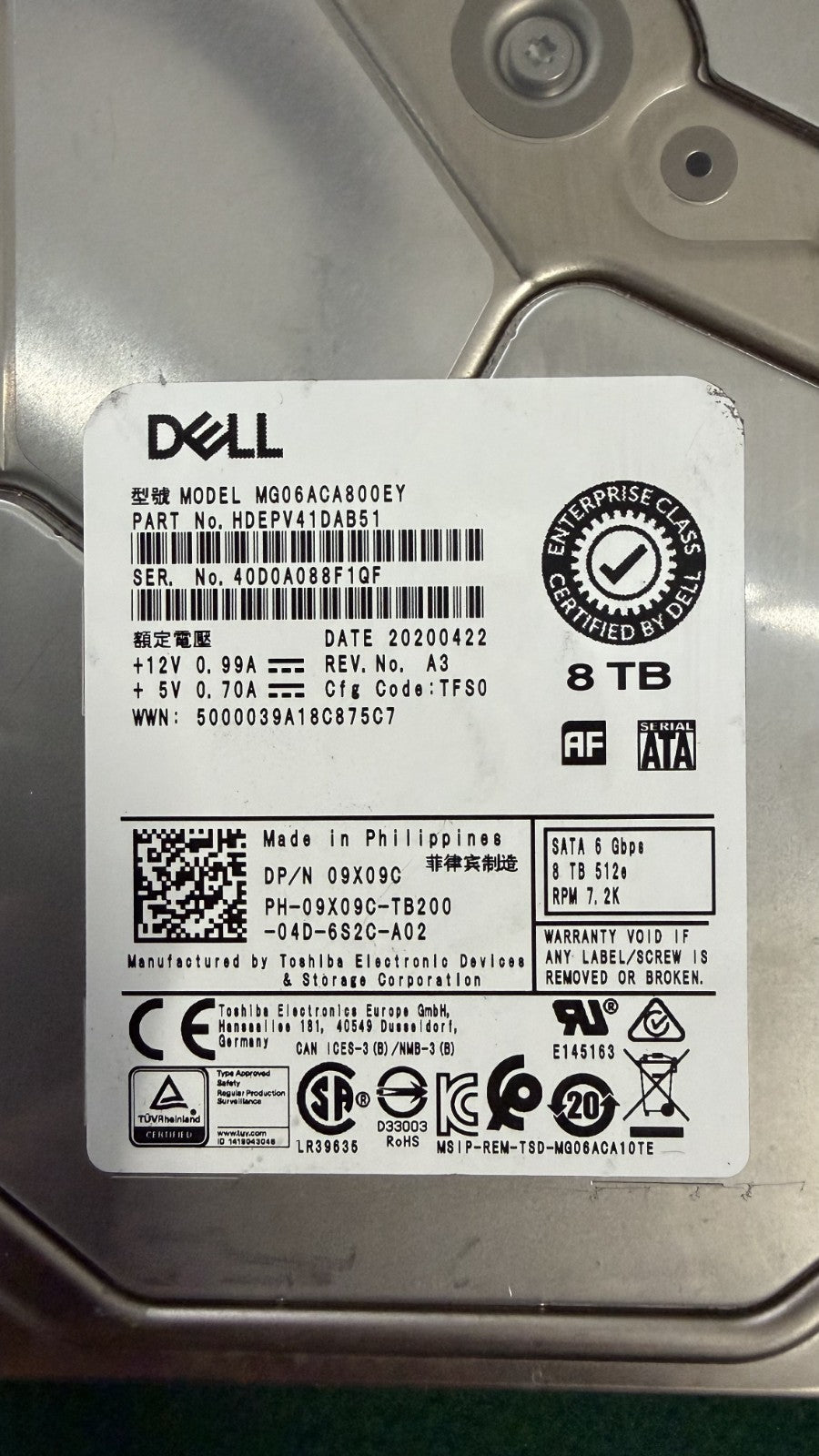 9X09C DELL 8TB 7.2K SATA 6Gb/s 3.5"  HDD 09X09C MG06ACA800EY 100% health