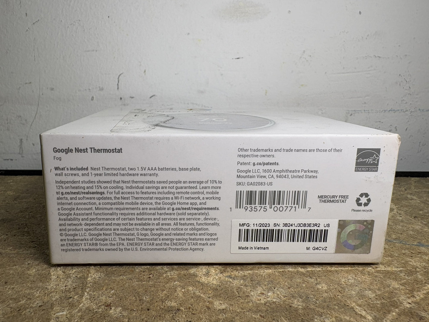 Google Nest Thermostat Model G4CVZ Fog